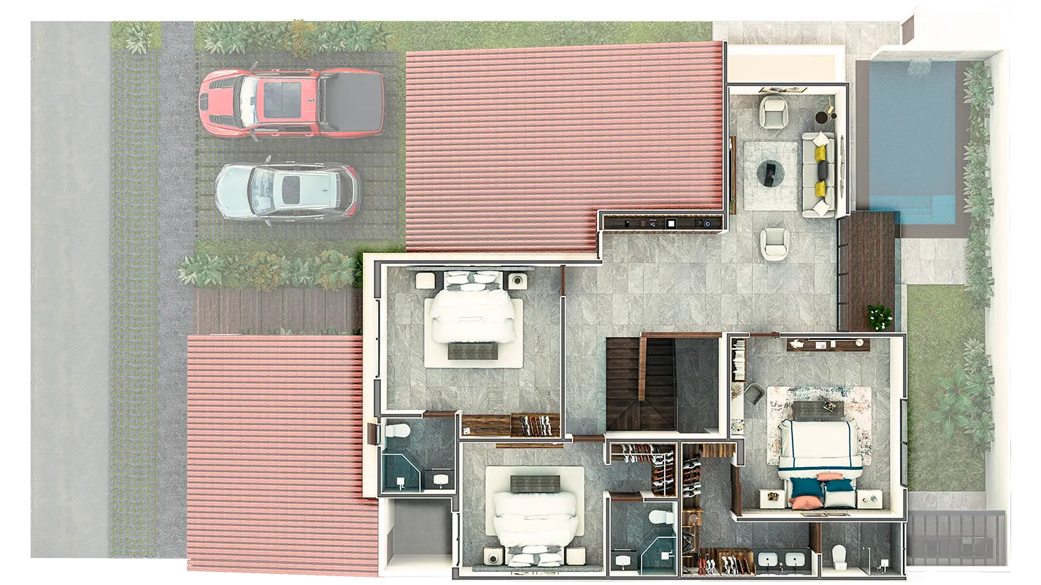 Vista aerea de la maqueta de la casa modelo Scandiano, planta alta.